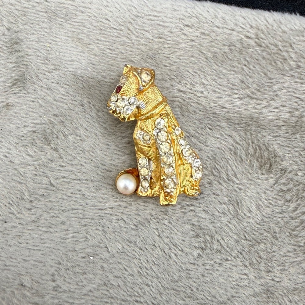 Vintage BSK Rhinestone Dog Brooch Gold Tone Signed